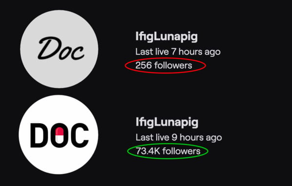 Twitch Followers comparison before and after using streamupgrade twitch growth service