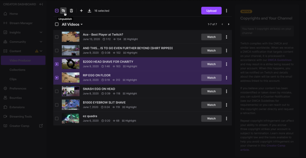 how to delete vods on twitch